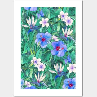 White Bird of Paradise & Blue Hibiscus Tropical Garden Posters and Art